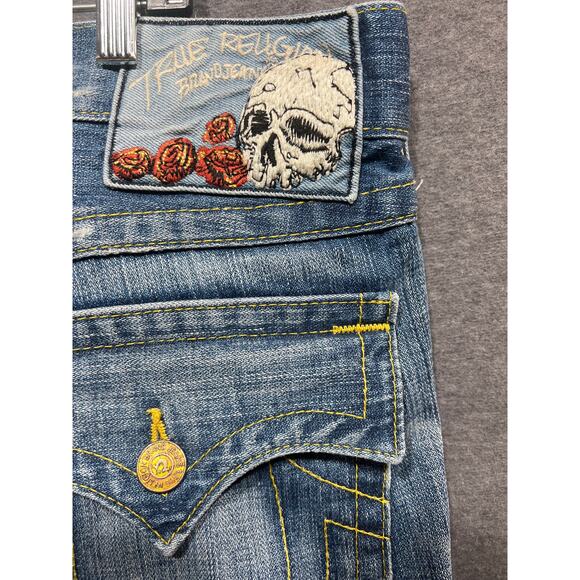 True Religion Billy Skull & Roses Mens Bootcut Distressed Jeans Size 38 - Picture 5 of 10
